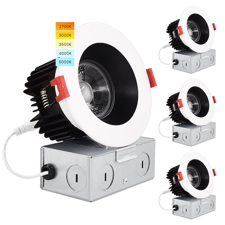 Luxrite 4 Inch LED Recessed Downlights 5 CCT Options 2700K-5000K 15W 1100LM Dimmable White/Black Trim 4-Pack LR24950 LR24967-4PK